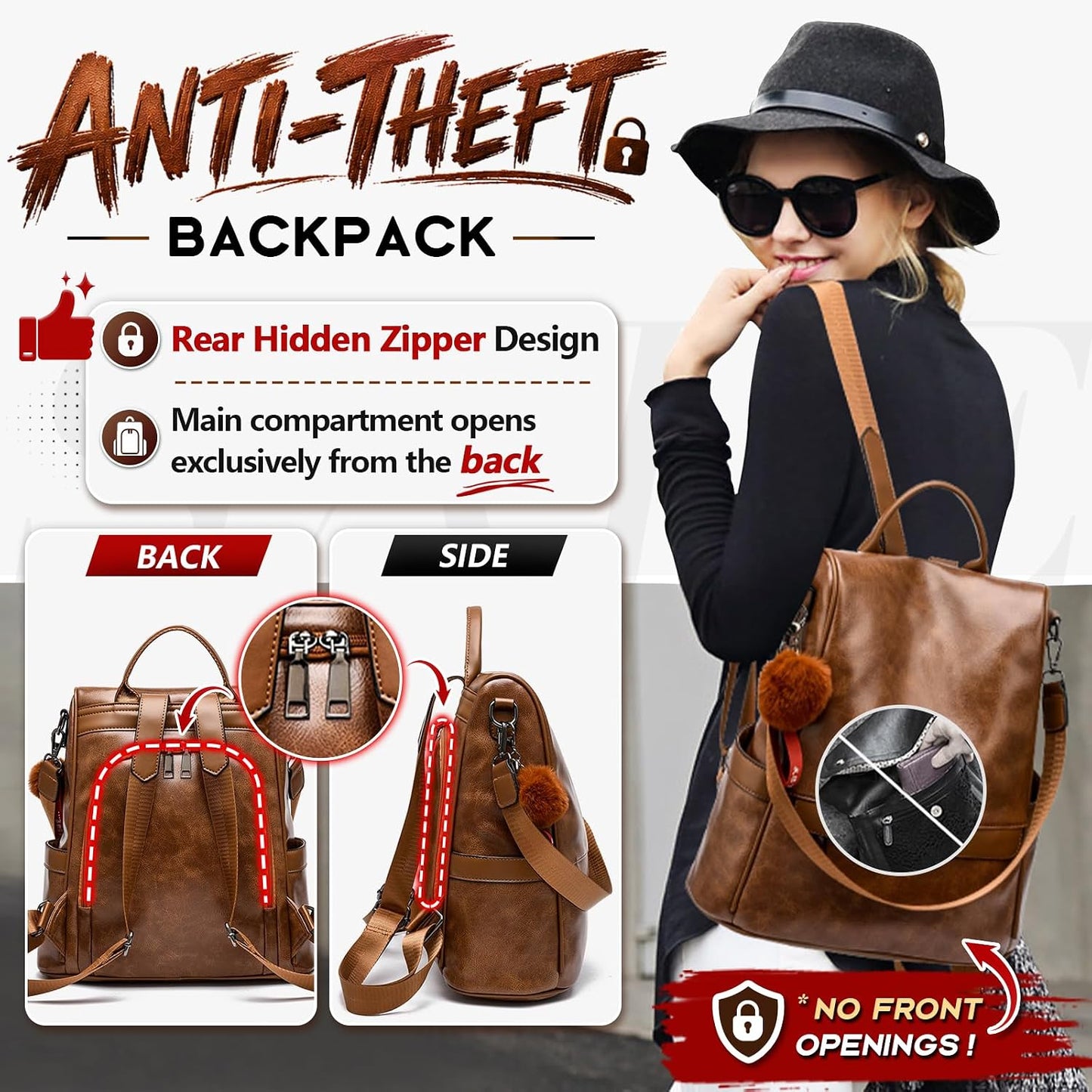 Chic Anti-Theft PU Leather Backpack Purse for Women - Stylish Casual Shoulder Bag & Satchel